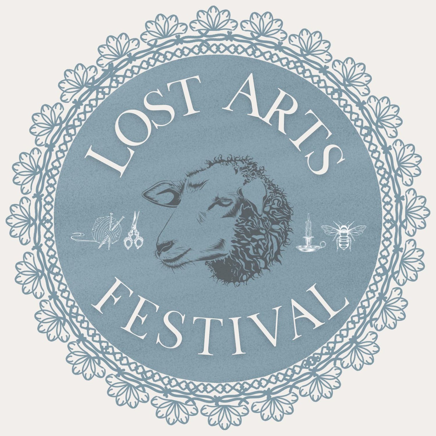Logo for Lost Arts Festival with decorative elements on a light blue background