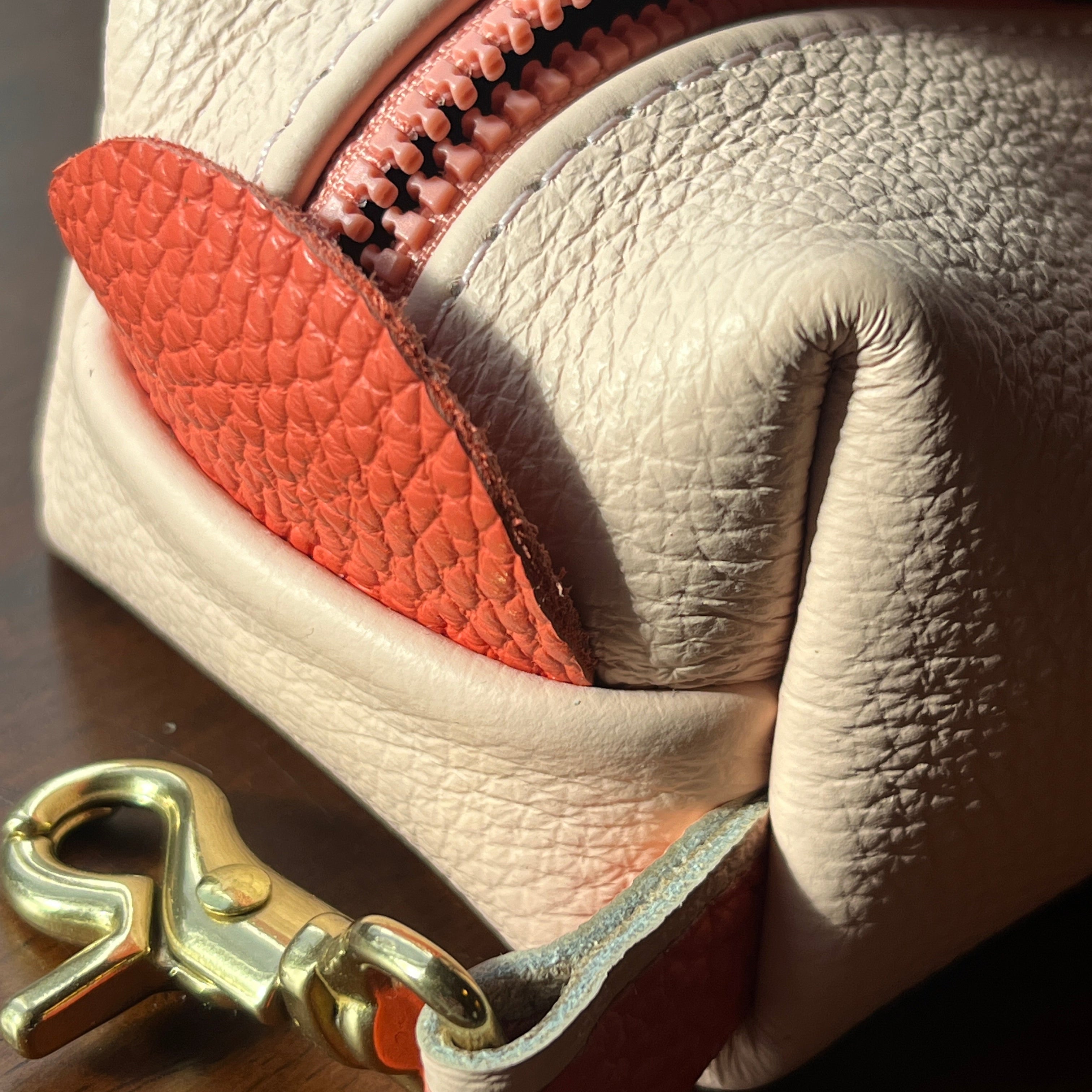 Close-up of a textured leather product with a gold clasp.
